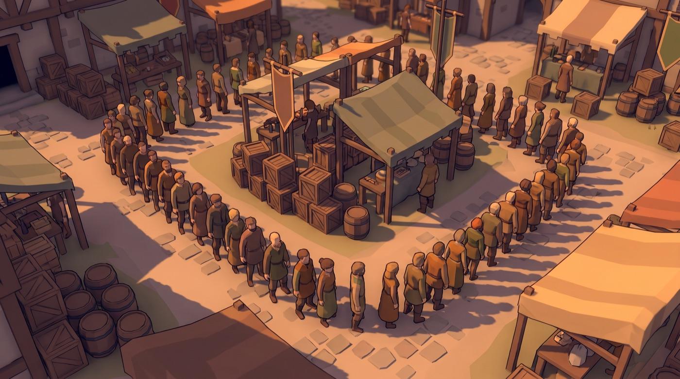 The same low-poly market square with townsfolk moving in clean separated lanes around the stalls