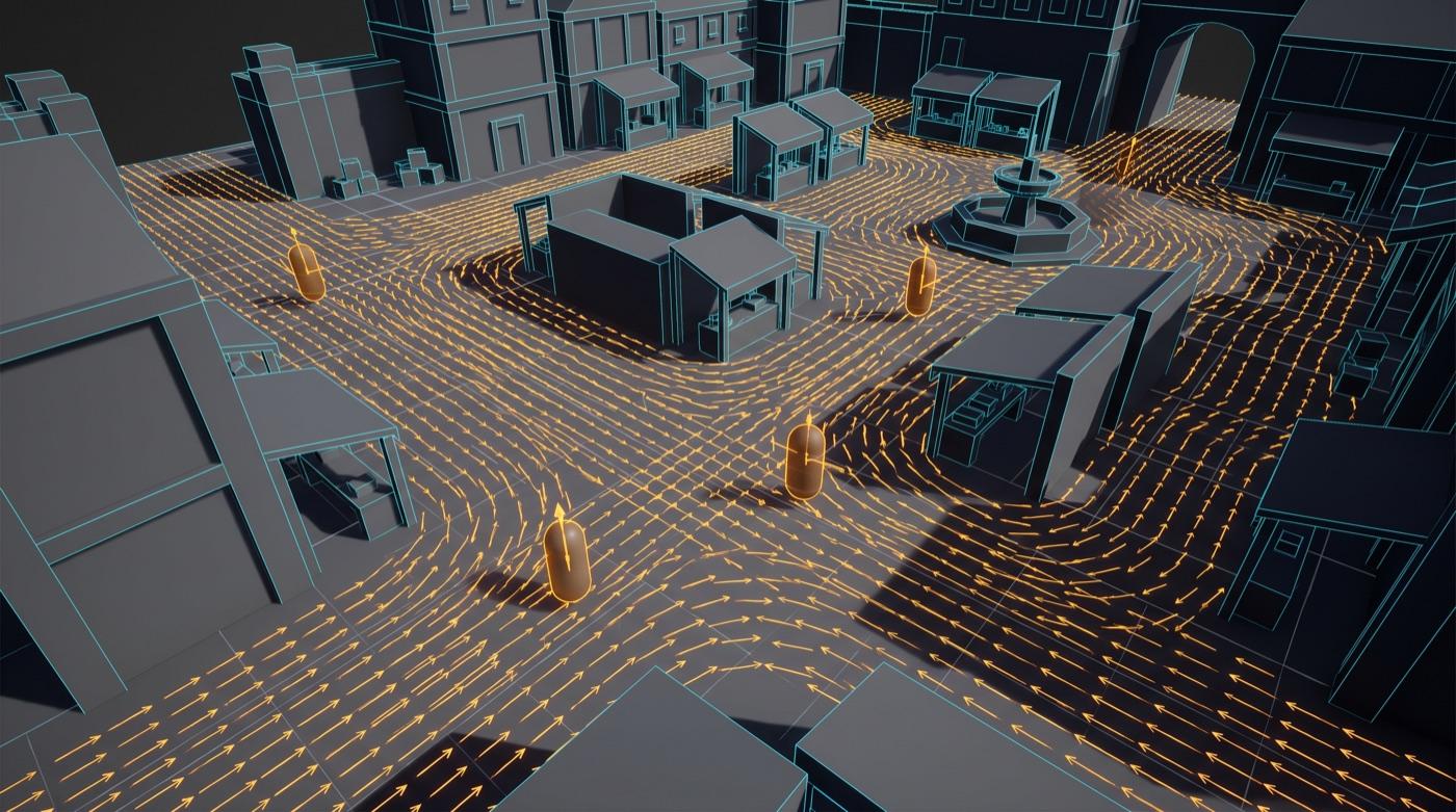 Engine debug view of the market square blockout with a dense amber flow field of directional arrows across the ground