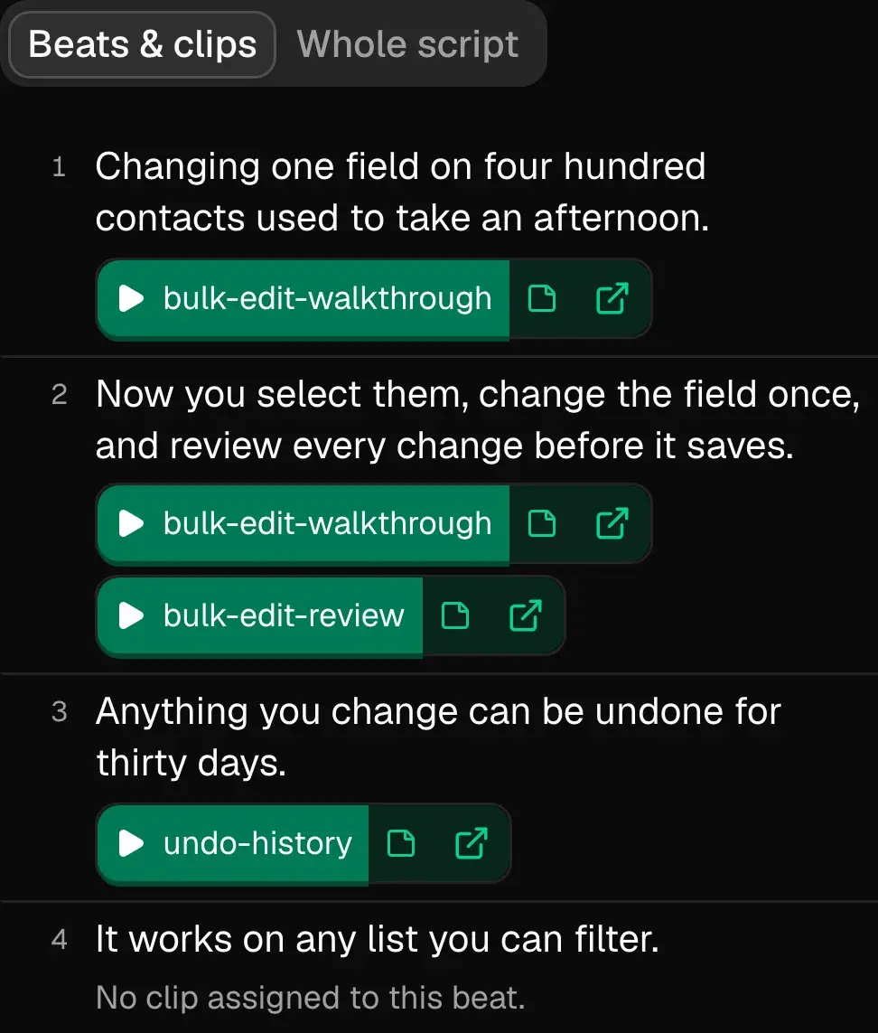 The read-only handoff for “Bulk edit, finally — feature video”, client Placeholder CRM, draft 2: tabs for Beats & clips and Whole script; four numbered beats with clip buttons under the first three and “No clip assigned to this beat” under the fourth; and on the right the four source files, each with a link to its original.