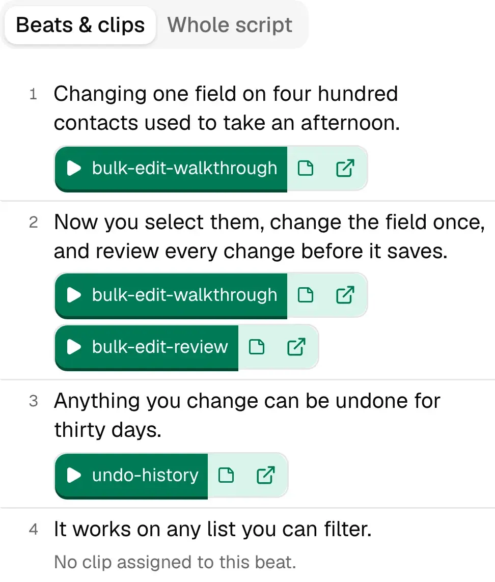 The read-only handoff for “Bulk edit, finally — feature video”, client Placeholder CRM, draft 2: tabs for Beats & clips and Whole script; four numbered beats with clip buttons under the first three and “No clip assigned to this beat” under the fourth; and on the right the four source files, each with a link to its original.
