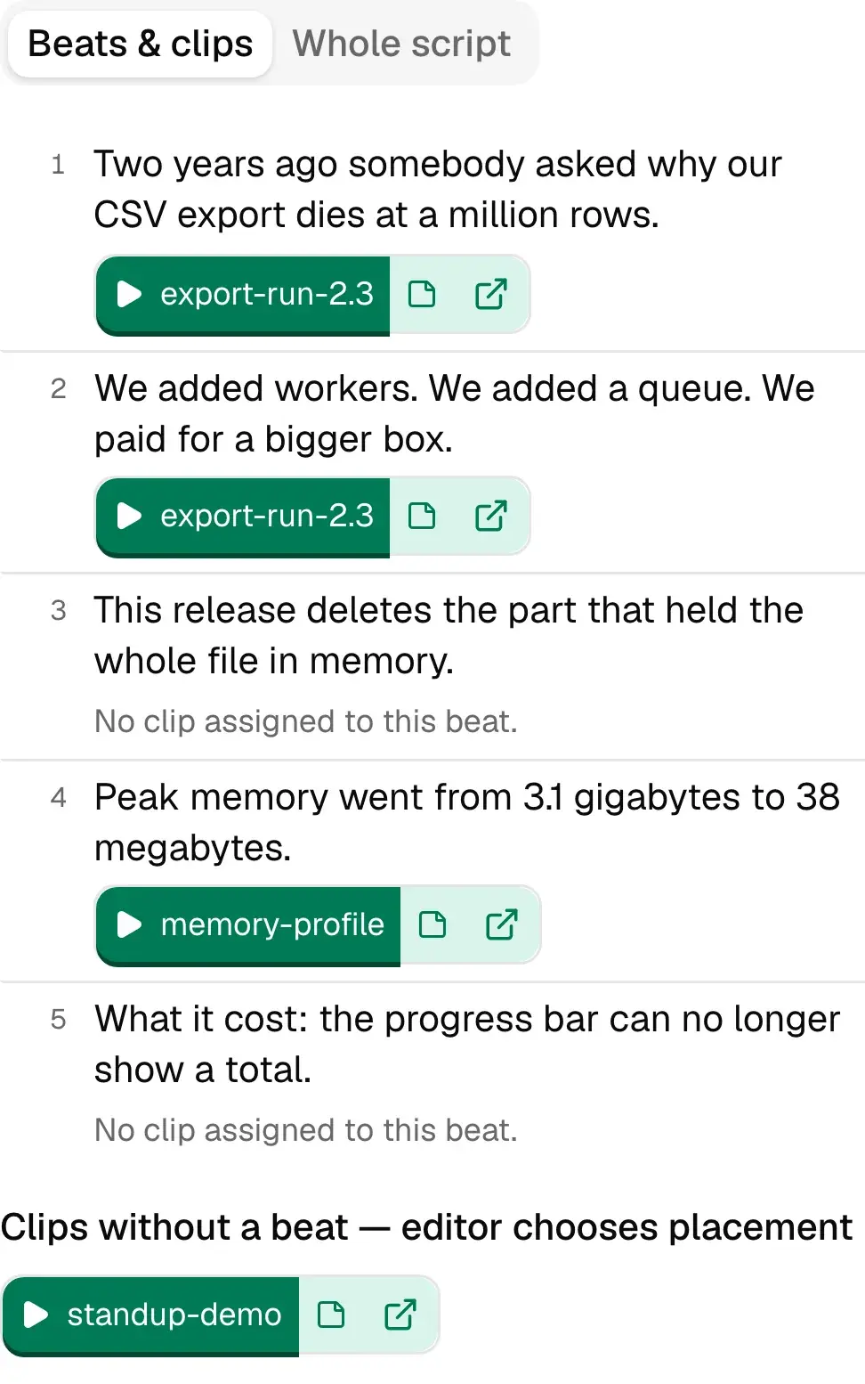 The editor handoff for an invented company’s release video: five numbered beats, three with a playable clip and two marked as having none, beside a panel listing the four source files.