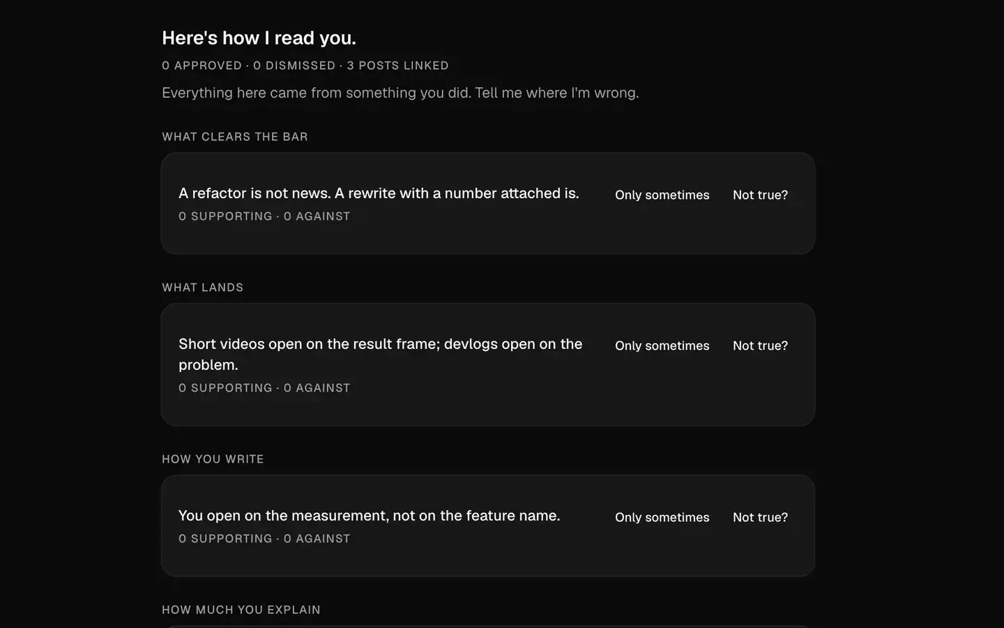 A screen of what the product has concluded about the writing: under “Everything here came from something you did. Tell me where I’m wrong.” and the label “what clears the bar”, the statement “A refactor is not news. A rewrite with a number attached is.”, with controls reading “only sometimes” and “not true?”