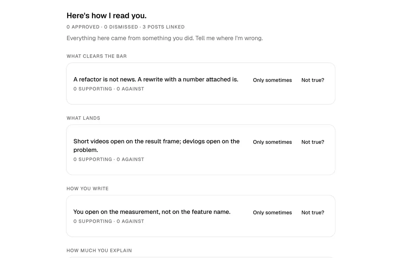 A screen of what the product has concluded about the writing: under “Everything here came from something you did. Tell me where I’m wrong.” and the label “what clears the bar”, the statement “A refactor is not news. A rewrite with a number attached is.”, with controls reading “only sometimes” and “not true?”