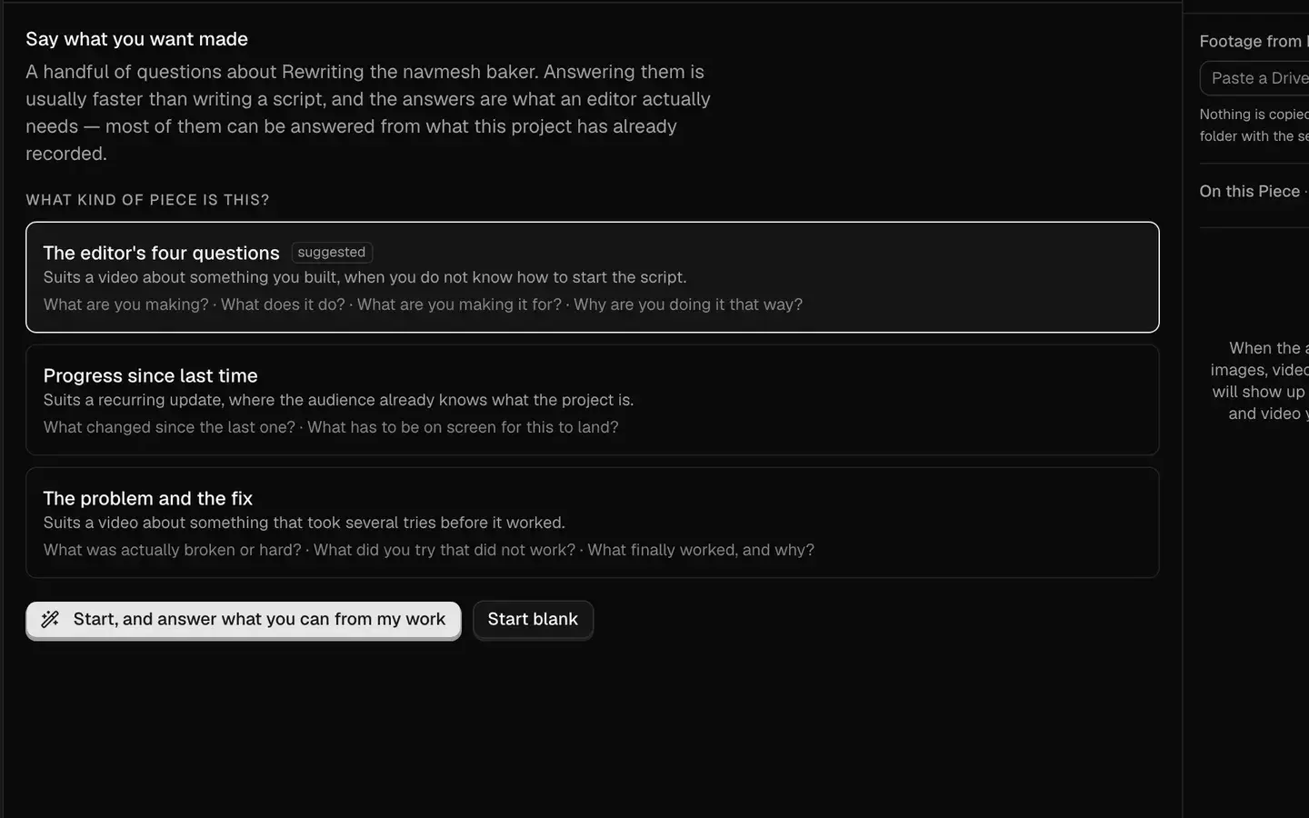 The brief screen: three question sets to choose between — the editor’s four questions, progress since last time, and the problem and the fix — each listing the questions it asks, above a button reading “start, and answer what you can from my work”