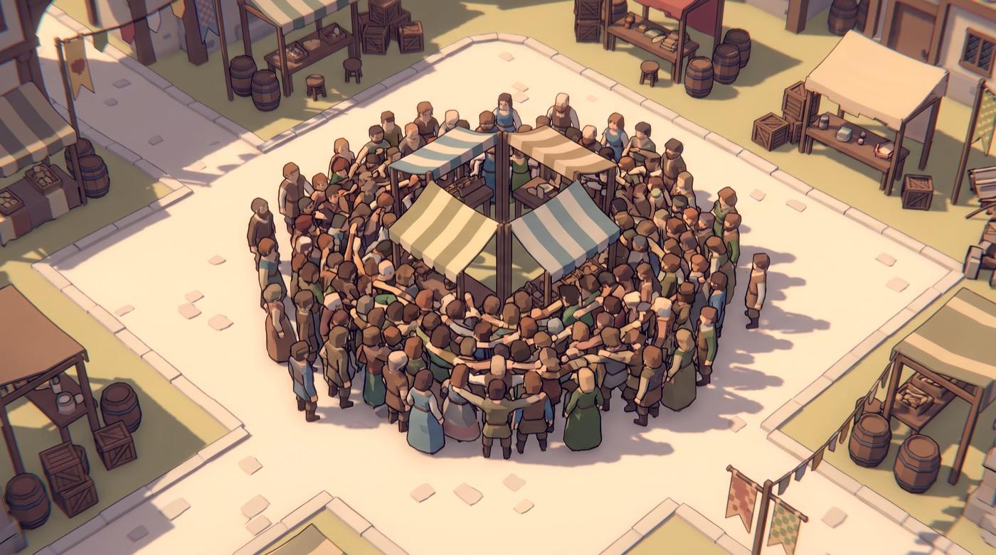 A low-poly market square seen from above, its townsfolk crushed into one overlapping mass around the central stall while the rest of the square stands empty