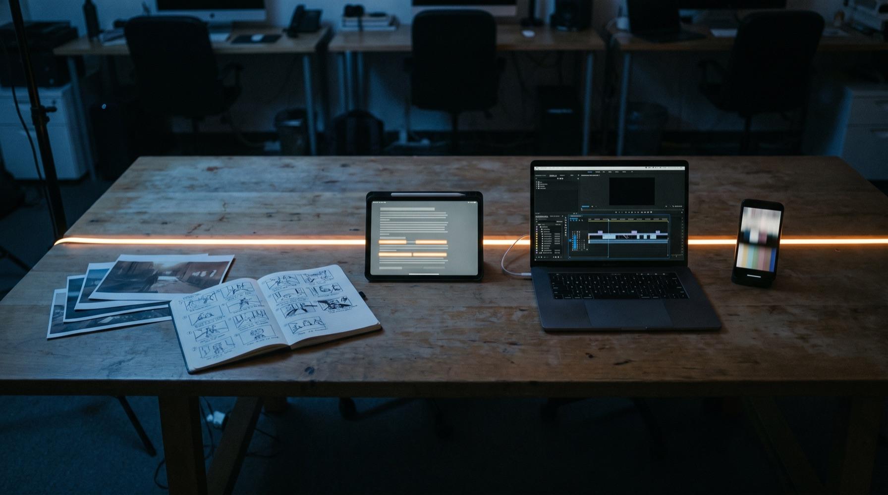 A studio table at night: frame prints and a storyboard notebook, a tablet showing a draft with cited lines highlighted, a laptop showing an edit timeline, and a phone showing the published cut