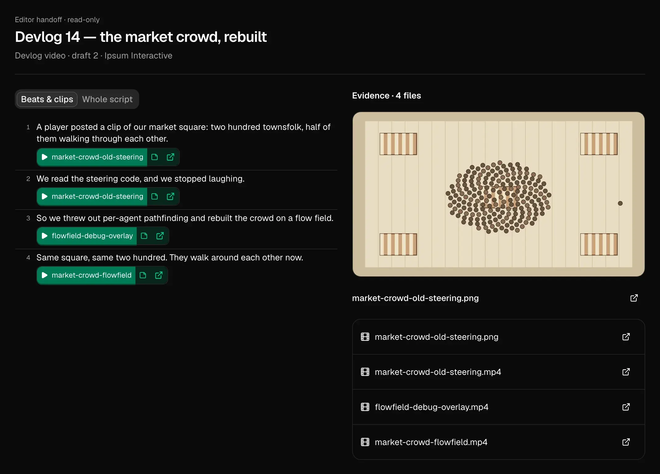 The read-only handoff page for “Devlog 14 — the market crowd, rebuilt”: four beats of the voiceover on the left, each with its clip, and the four files they came from on the right, each linking to its original.