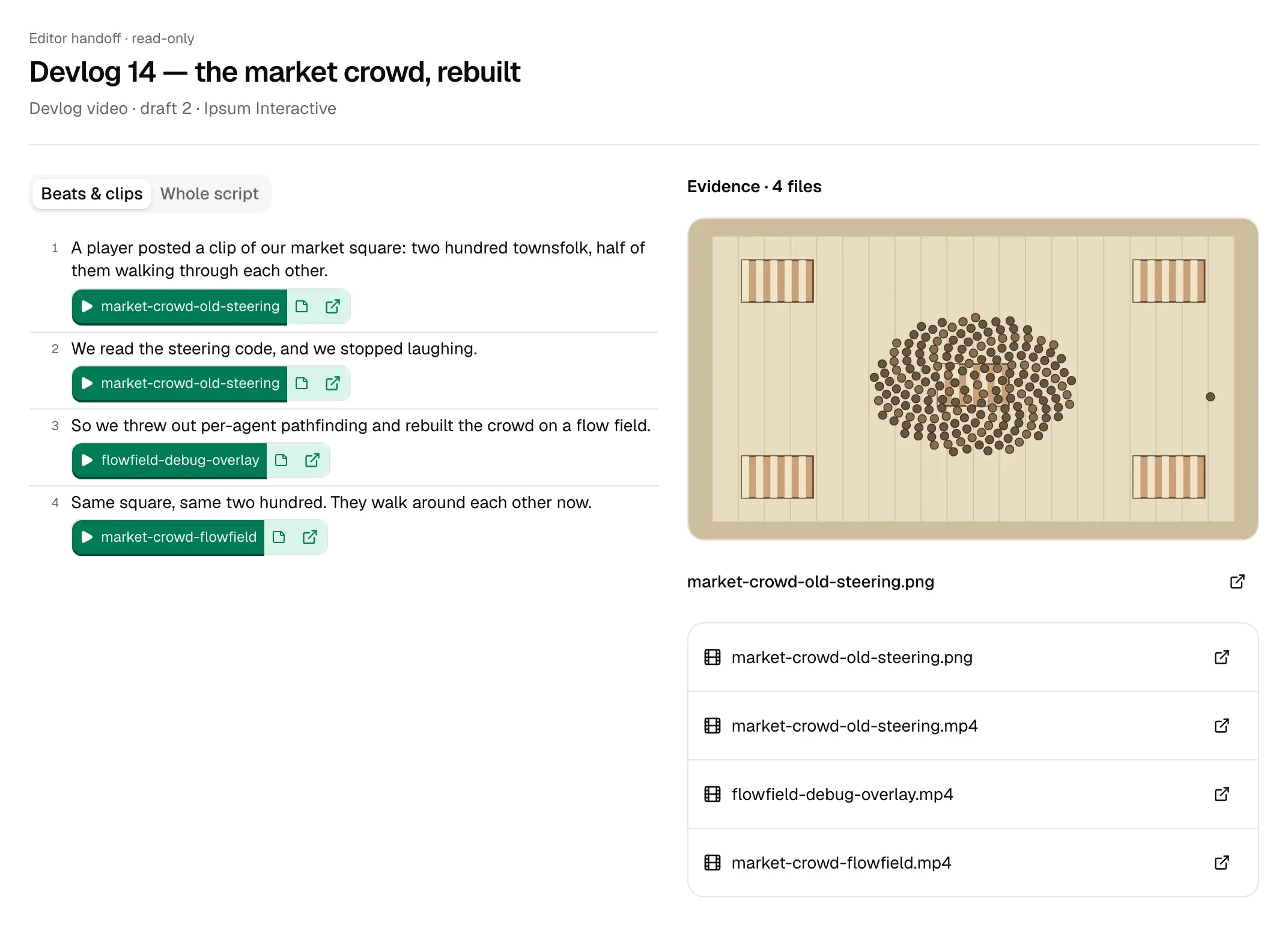 The read-only handoff page for “Devlog 14 — the market crowd, rebuilt”: four beats of the voiceover on the left, each with its clip, and the four files they came from on the right, each linking to its original.