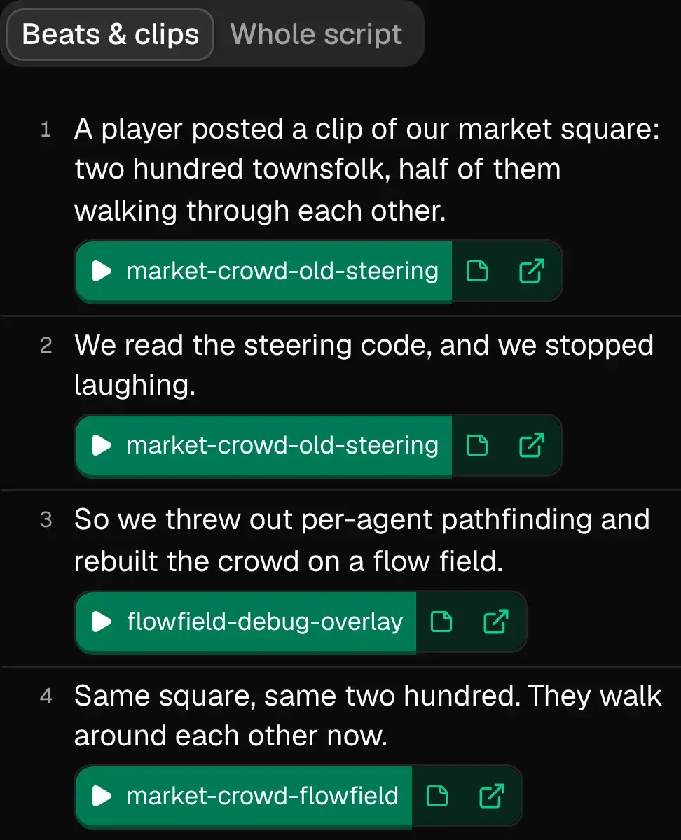 The read-only handoff page for “Devlog 14 — the market crowd, rebuilt”: four beats of the voiceover on the left, each with its clip, and the four files they came from on the right, each linking to its original.