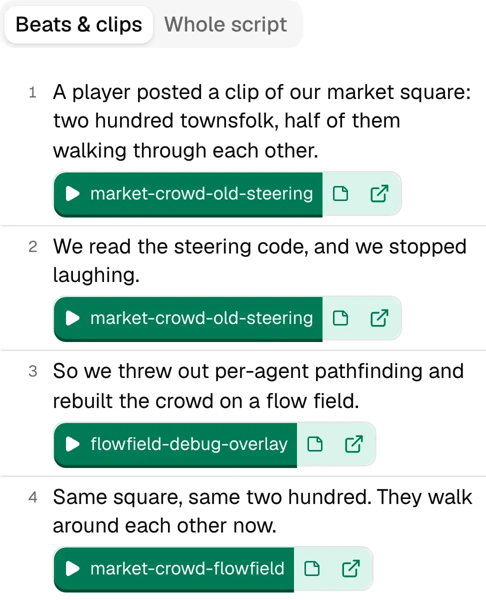 The read-only handoff page for “Devlog 14 — the market crowd, rebuilt”: four beats of the voiceover on the left, each with its clip, and the four files they came from on the right, each linking to its original.