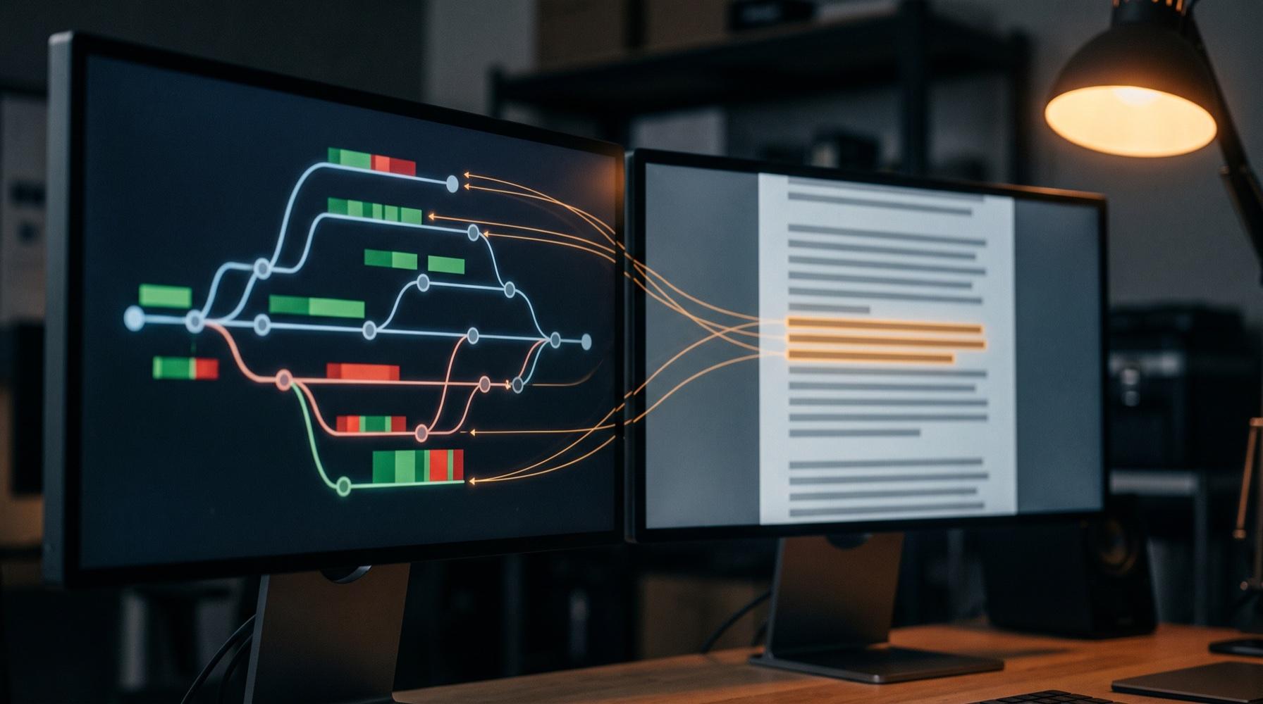 Two monitors on a desk at night: one shows a branching commit history, the other a page of draft text, with lines drawn from individual commits to the particular lines they support