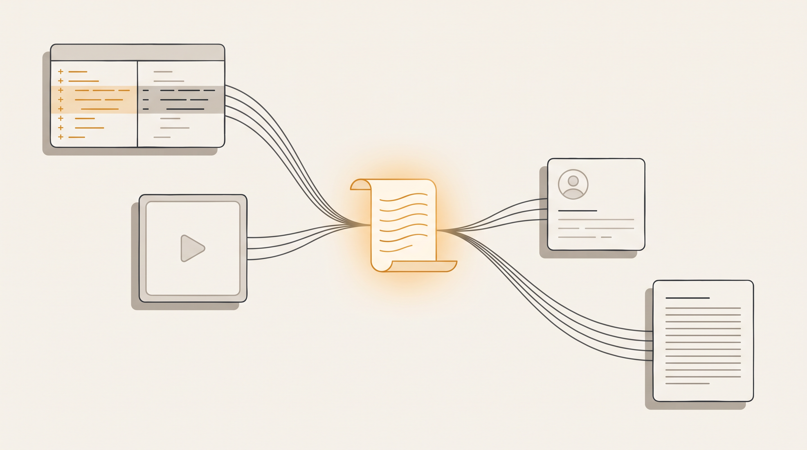 Scattered evidence — a commit, a clip, a post, a document — converging into one cited script